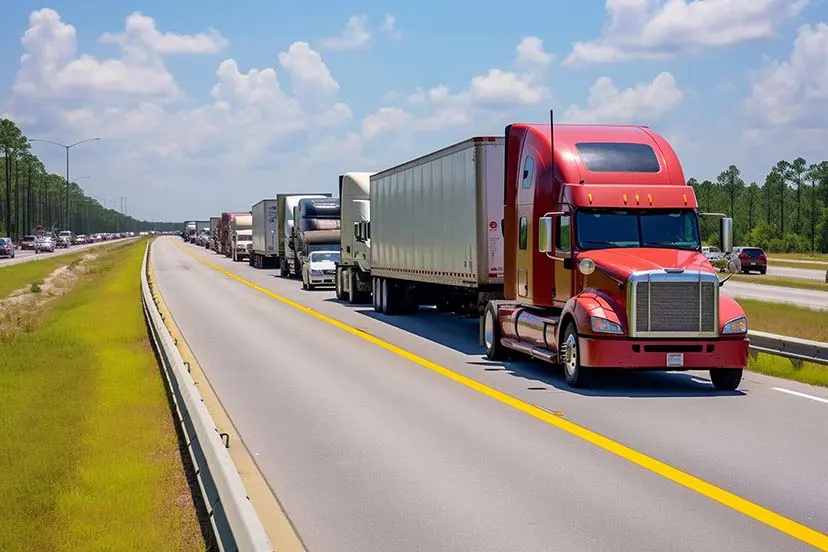 Long Line Trucks Traveling Down Highway